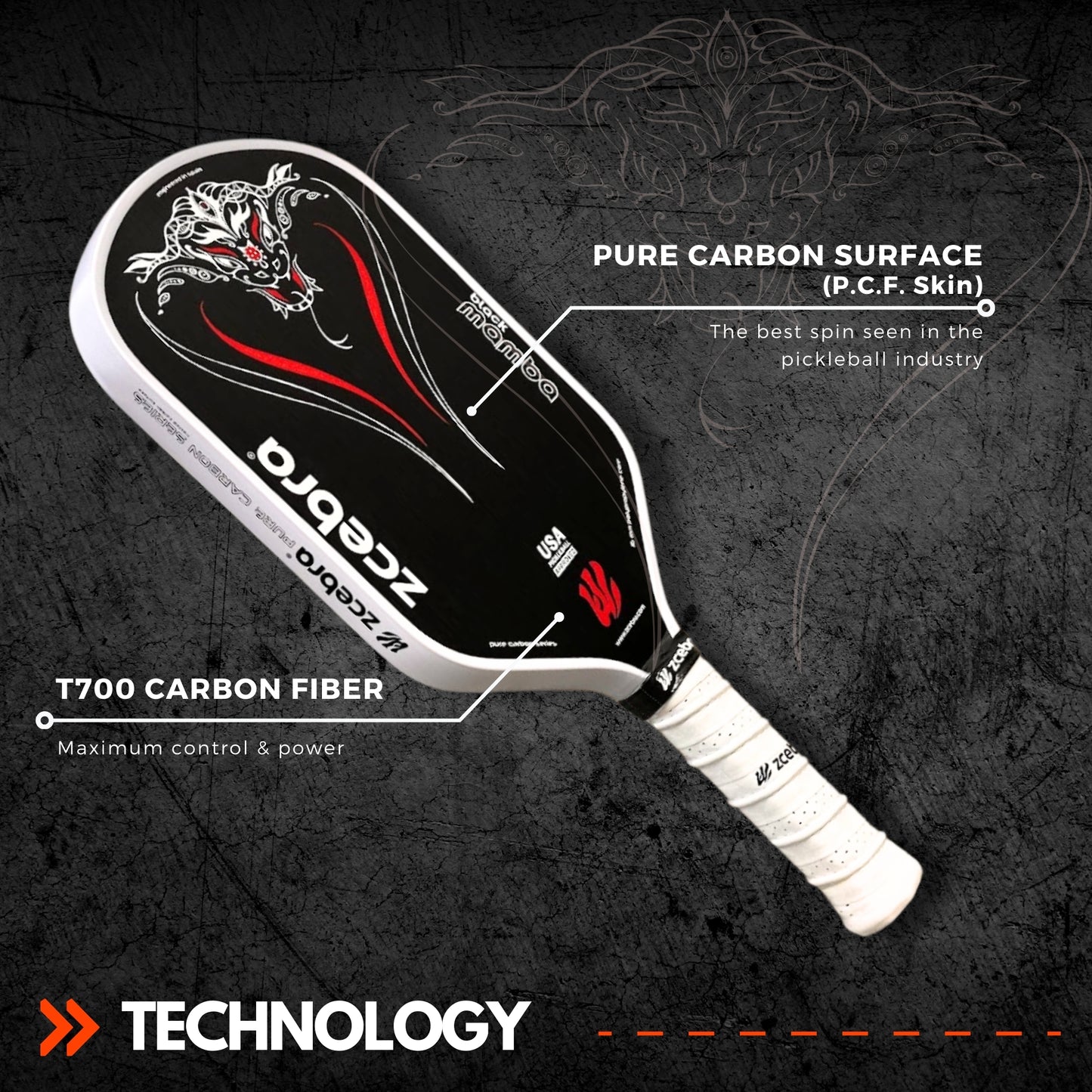 Zzebra Black Mamba Pure Carbon Series Pickelball Paddle