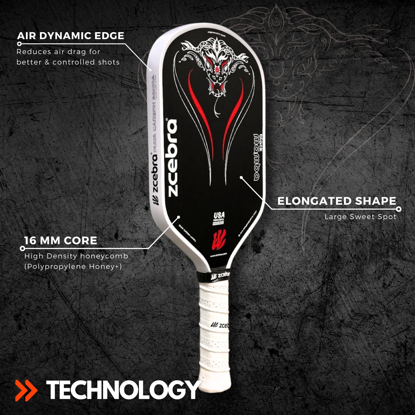 Zzebra Black Mamba Pure Carbon Series Pickelball Paddle